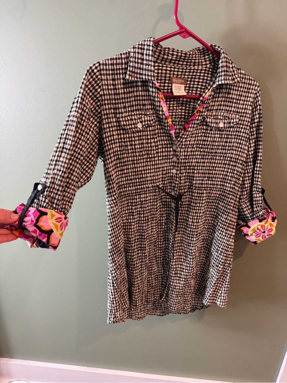 Spartina 449 Sirena Gingham Floral Drawstring Waist Tunic Top - M